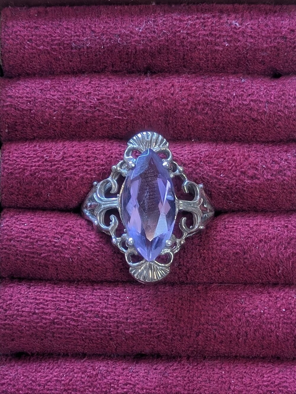 Ornate Vintage Amethyst & Sterling Silver Ring with Filigree Scroll Details - Picture 2 of 6